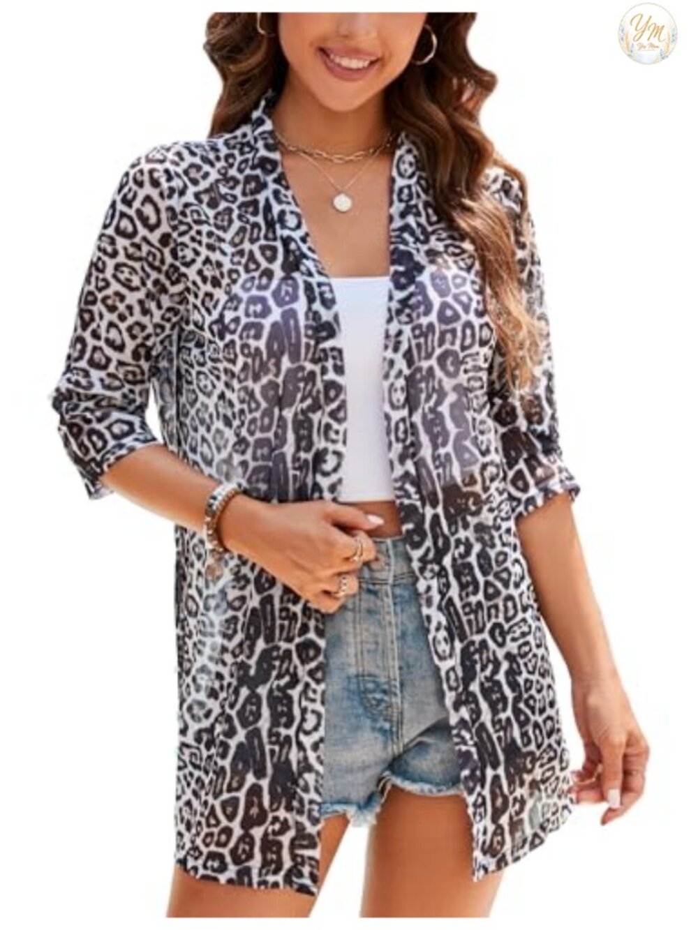 Women's 3/4 Sleeve Sheer Open Front Cardigan Sweater Kimono